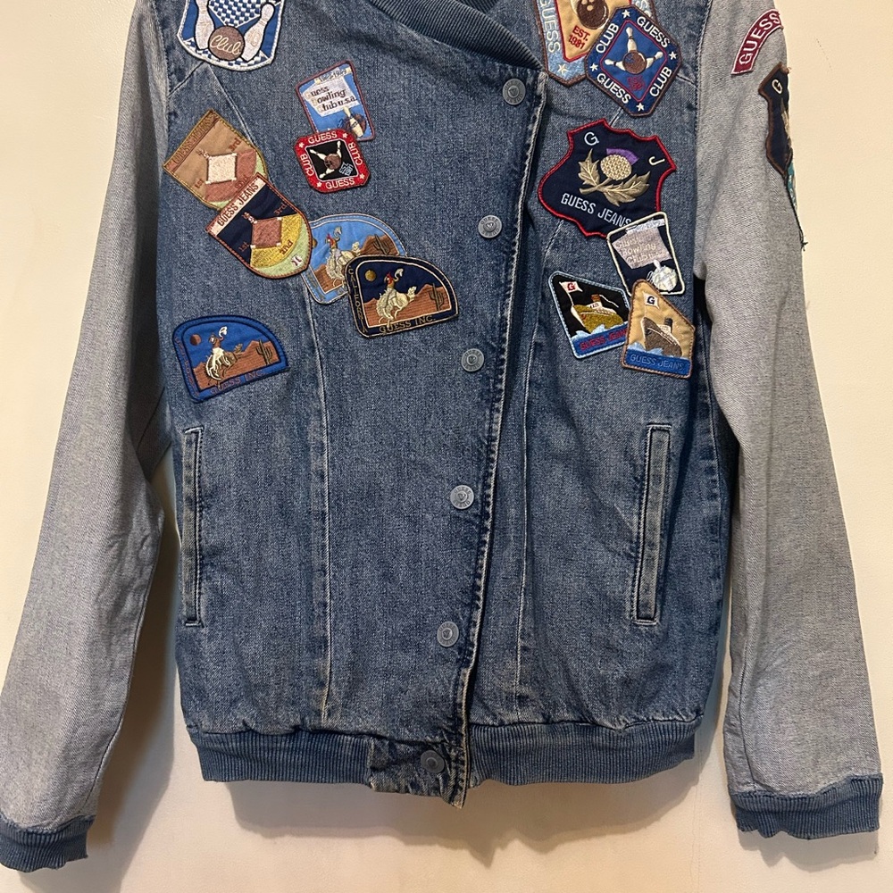 Vintage GUESS Blue Denim Patchwork Jacket S Asymmetrical Bomber - Picture 2 of 12